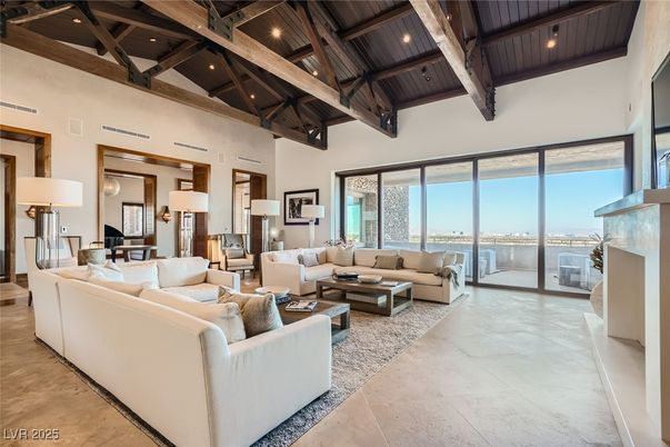 Fireplace, Interior, Living room, Piano, Recessed Lighting, Water, Wooden Beams, Wooden Ceilings