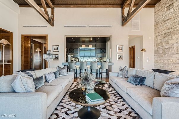 Dining room, Interior, Kitchen, Living room, Pendant Lights, Recessed Lighting, Stone Walls, Wooden Beams, Wooden Ceilings
