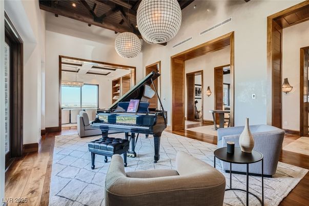Chandelier, Interior, Living room, Pendant Lights, Piano, Wooden Beams, Wood Texture Flooring