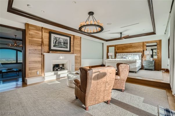 Bedroom, Fireplace, Interior, Recessed Lighting, Wood Texture Flooring, Wooden Walls