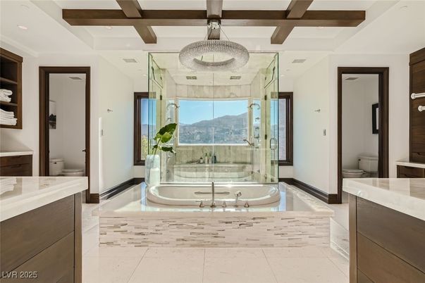 Bathroom, Glass Shower, Interior, Recessed Lighting, Wooden Beams