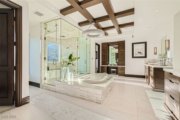 Bathroom, Glass Shower, Interior, Recessed Lighting, Wooden Beams