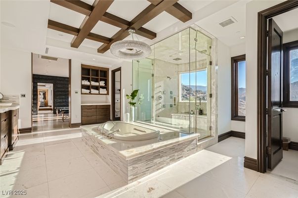 Bathroom, Fireplace, Glass Shower, Interior, Pendant Lights, Recessed Lighting, Wooden Beams