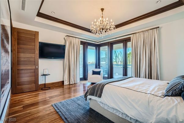 Bedroom, Chandelier, Interior, Recessed Lighting, Wood Texture Flooring