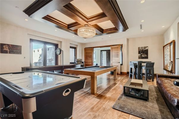 Billiard Table, Chandelier, Game Room, Interior, Recessed Lighting, Wood Texture Flooring