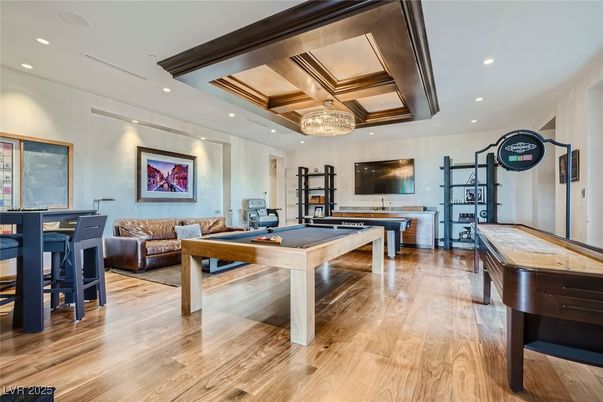 Billiard Table, Chandelier, Game Room, Interior, Living room, Piano, Recessed Lighting, Wood Texture Flooring