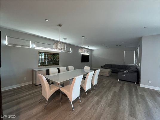 Dining room, Interior, Living room, Pendant Lights, Recessed Lighting, Wood Texture Flooring