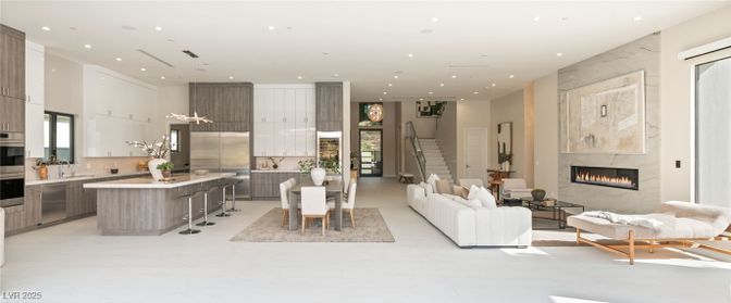 Fireplace, Interior, Kitchen, Living room, Pendant Lights, Recessed Lighting, Stainless Steel Appliances