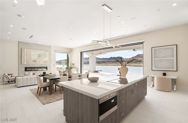 Dining room, Fireplace, Interior, Kitchen, Living room, Marble, Pendant Lights, Recessed Lighting, Water
