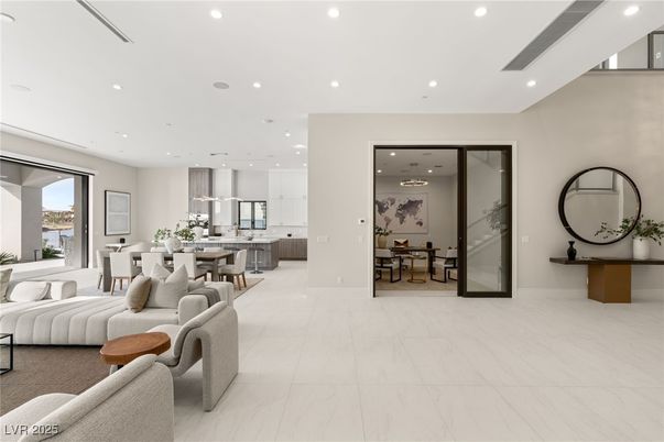 Dining room, Interior, Kitchen, Living room, Marble, Recessed Lighting, Stainless Steel Appliances