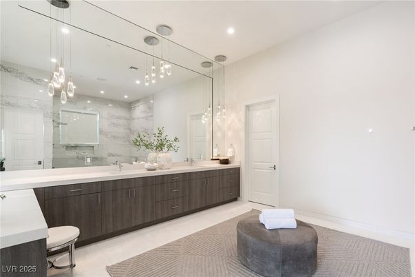 Bathroom, Dual Sink Vanities, Glass Shower, Interior, Pendant Lights, Recessed Lighting