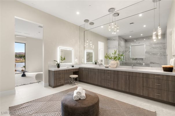 Bathroom, Dual Sink Vanities, Interior, Marble Walls, Pendant Lights, Recessed Lighting