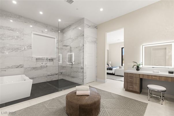 Bathroom, Bedroom, Free Standing Baths, Glass Shower, Interior, Marble Walls, Recessed Lighting