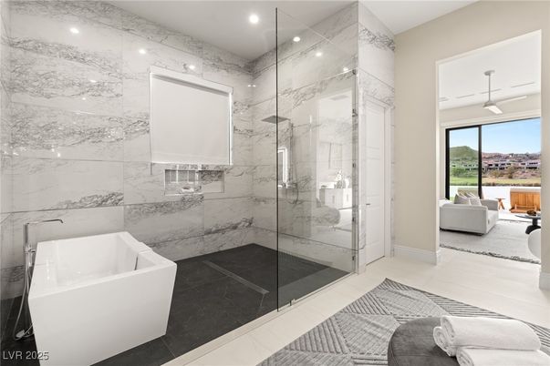 Bathroom, Free Standing Baths, Glass Shower, Interior, Marble Walls, Recessed Lighting
