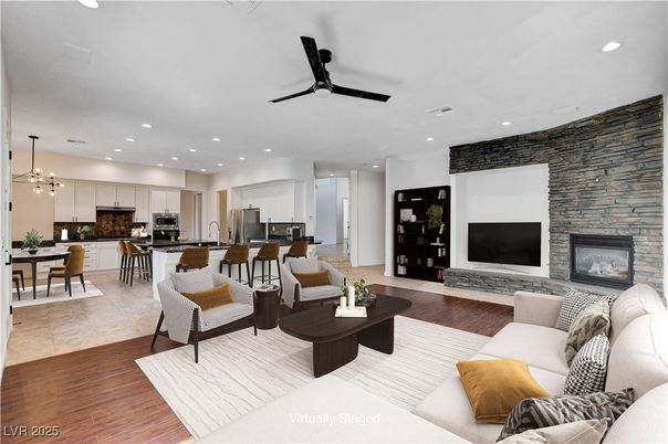 Dining room, Fireplace, Interior, Kitchen, Living room, Pendant Lights, Recessed Lighting, Stainless Steel Appliances, Stone Walls, Wood Texture Flooring