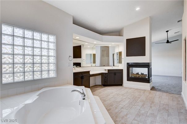 Bathroom, Dual Sink Vanities, Fireplace, Interior, Recessed Lighting
