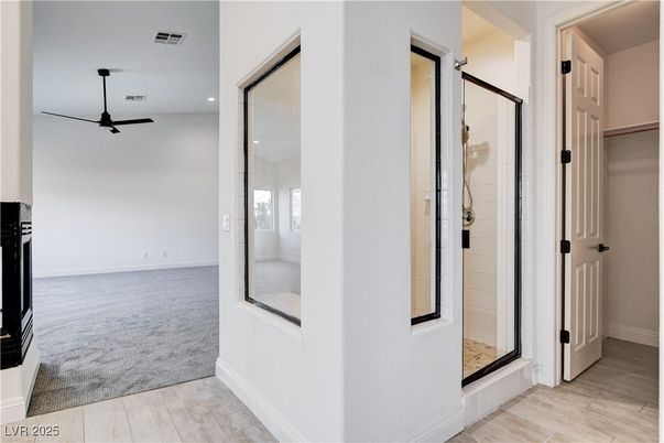 Bathroom, Bedroom, Glass Shower, Interior, Recessed Lighting, Wood Texture Flooring