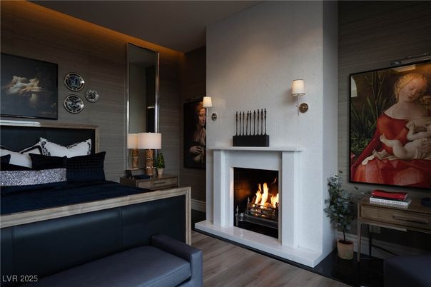 Bedroom, Fireplace, Interior, Wood Texture Flooring