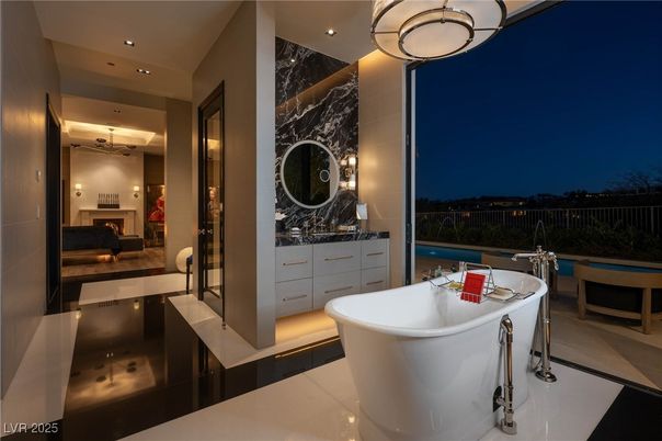 Bathroom, Fireplace, Free Standing Baths, Interior, Marble Walls, Recessed Lighting