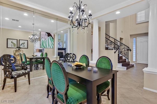 Chandelier, Dining room, Fireplace, Interior, Recessed Lighting