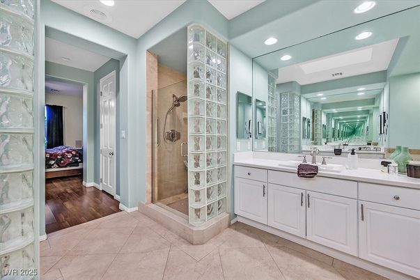 Bathroom, Glass Shower, Interior, Recessed Lighting, Wood Texture Flooring