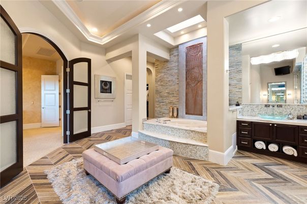 Bathroom, Interior, Recessed Lighting, Stone Walls, Wood Texture Flooring