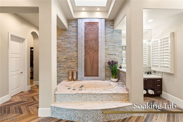 Bathroom, Interior, Recessed Lighting, Stone Walls, Wood Texture Flooring