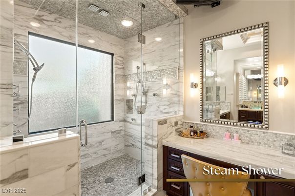 Bathroom, Glass Shower, Interior, Marble Walls, Recessed Lighting