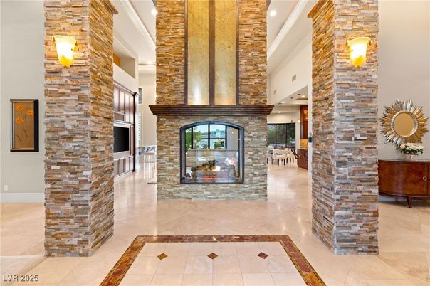 Fireplace, Interior, Pendant Lights, Stone Walls