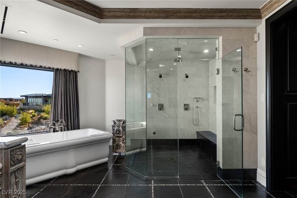 Bathroom, Free Standing Baths, Glass Shower, Interior, Marble Walls, Recessed Lighting
