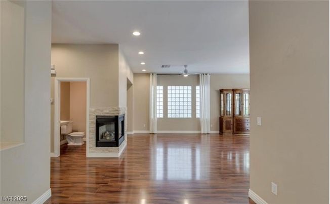 Empty room, Fireplace, Interior, Recessed Lighting, Wood Texture Flooring