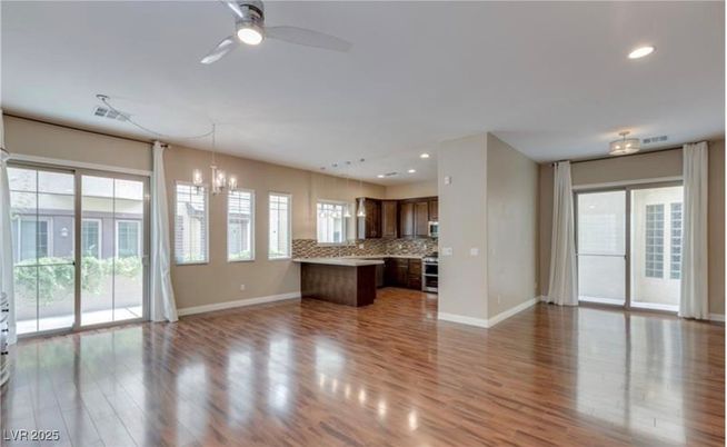 Chandelier, Empty room, Interior, Kitchen, Recessed Lighting, Wood Texture Flooring