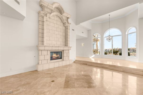 Chandelier, Empty room, Fireplace, Interior