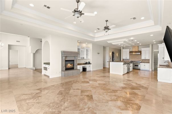 Fireplace, Interior, Kitchen, Pendant Lights, Recessed Lighting, Stainless Steel Appliances