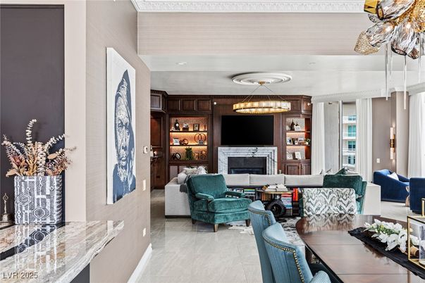 Dining room, Fireplace, Interior, Living room, Pendant Lights