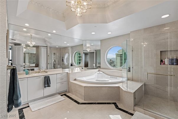 Bathroom, Chandelier, Dual Sink Vanities, Glass Shower, Interior, Recessed Lighting