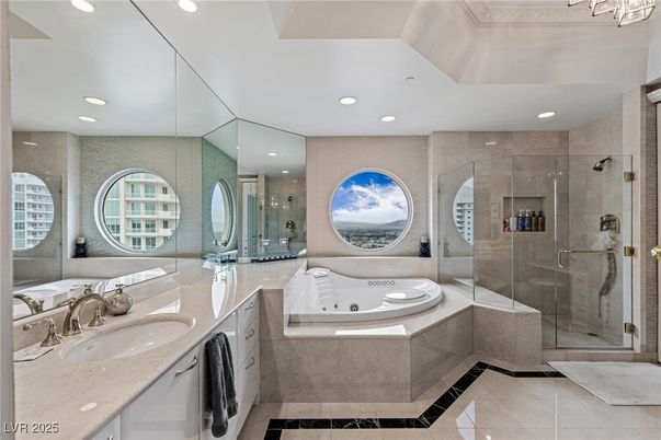 Bathroom, Dual Sink Vanities, Glass Shower, Interior, Recessed Lighting