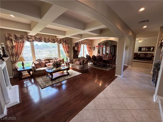 Dining room, Fireplace, Interior, Living room, Recessed Lighting, Wood Texture Flooring