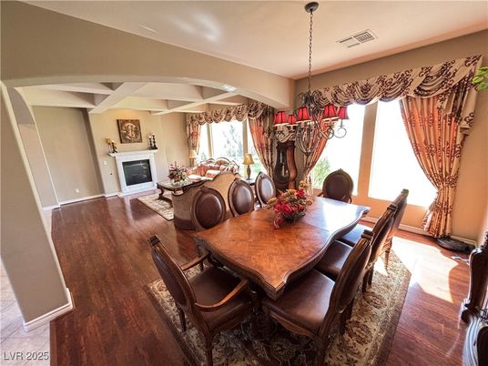 Chandelier, Dining room, Fireplace, Interior, Wood Texture Flooring