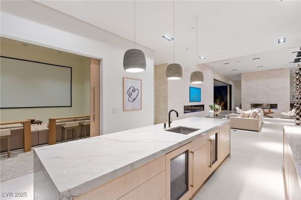 Fireplace, Interior, Kitchen, Living room, Pendant Lights, Recessed Lighting