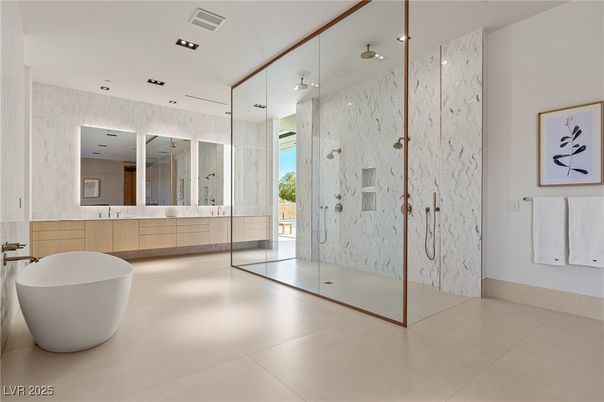 Bathroom, Free Standing Baths, Glass Shower, Interior, Marble Walls, Recessed Lighting