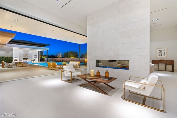 Fireplace, Interior, Living room, Pool, Recessed Lighting, Stone Walls