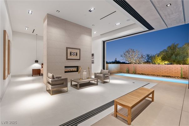 Fireplace, Interior, Living room, Pool, Recessed Lighting