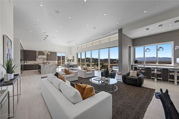 Dining room, Interior, Kitchen, Living room, Marble Walls, Pendant Lights, Recessed Lighting