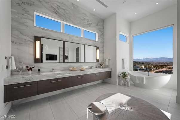 Bathroom, Dual Sink Vanities, Free Standing Baths, Interior, Marble, Marble Walls, Recessed Lighting