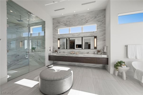 Bathroom, Dual Sink Vanities, Glass Shower, Interior, Marble, Marble Walls, Recessed Lighting