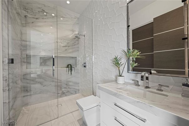Bathroom, Glass Shower, Interior, Marble Walls, Recessed Lighting