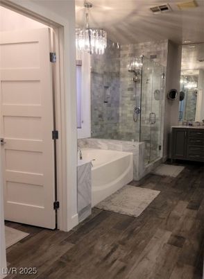 Bathroom, Chandelier, Glass Shower, Interior, Wood Texture Flooring