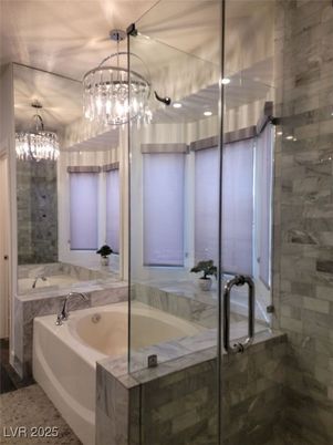 Bathroom, Chandelier, Glass Shower, Interior, Marble Walls, Pendant Lights