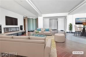 Dining room, Interior, Living room, Recessed Lighting, Wood Texture Flooring